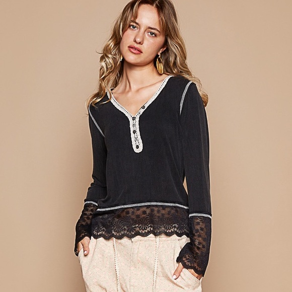POL Black Henley Top + Lace Sleeves - Picture 7 of 7